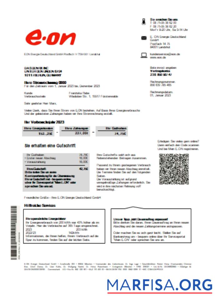 Printable Germany E.ON Energie electricity utility business bill SCR example